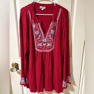 ONE WORLD Red Embroidered Split-Neck Boho Tunic Sz: 3X